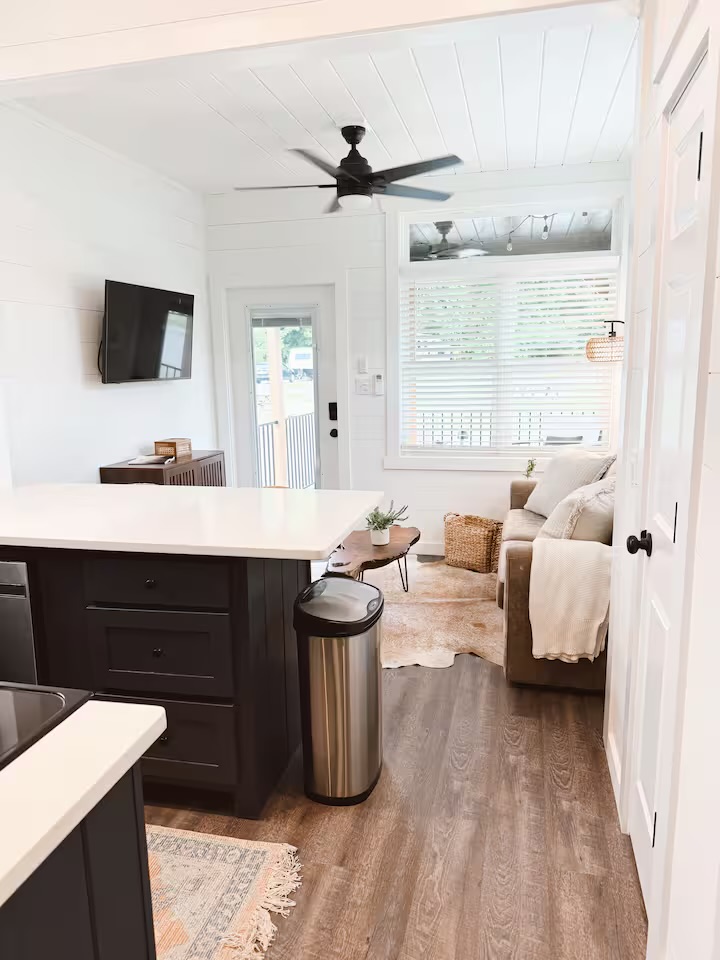 Tiny Timber open living and kitchen area with couch and front door