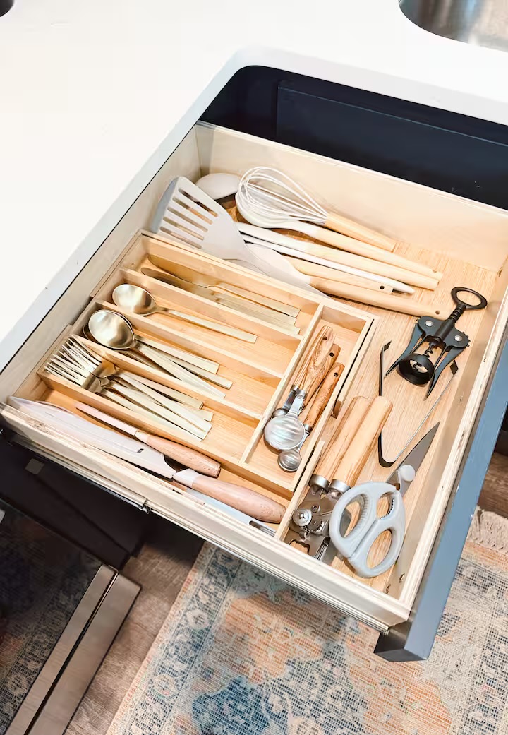 Tiny Timber utensil drawer with organized cooking tools